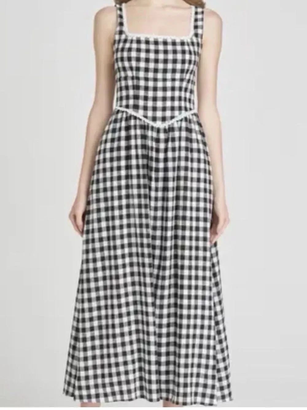 Wayf Linen Black & White Gingham Square-Neck Maxi Dress $99